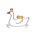 Mother goose with crown swimming with cute little baby gosling on her back Royalty Free Stock Photo